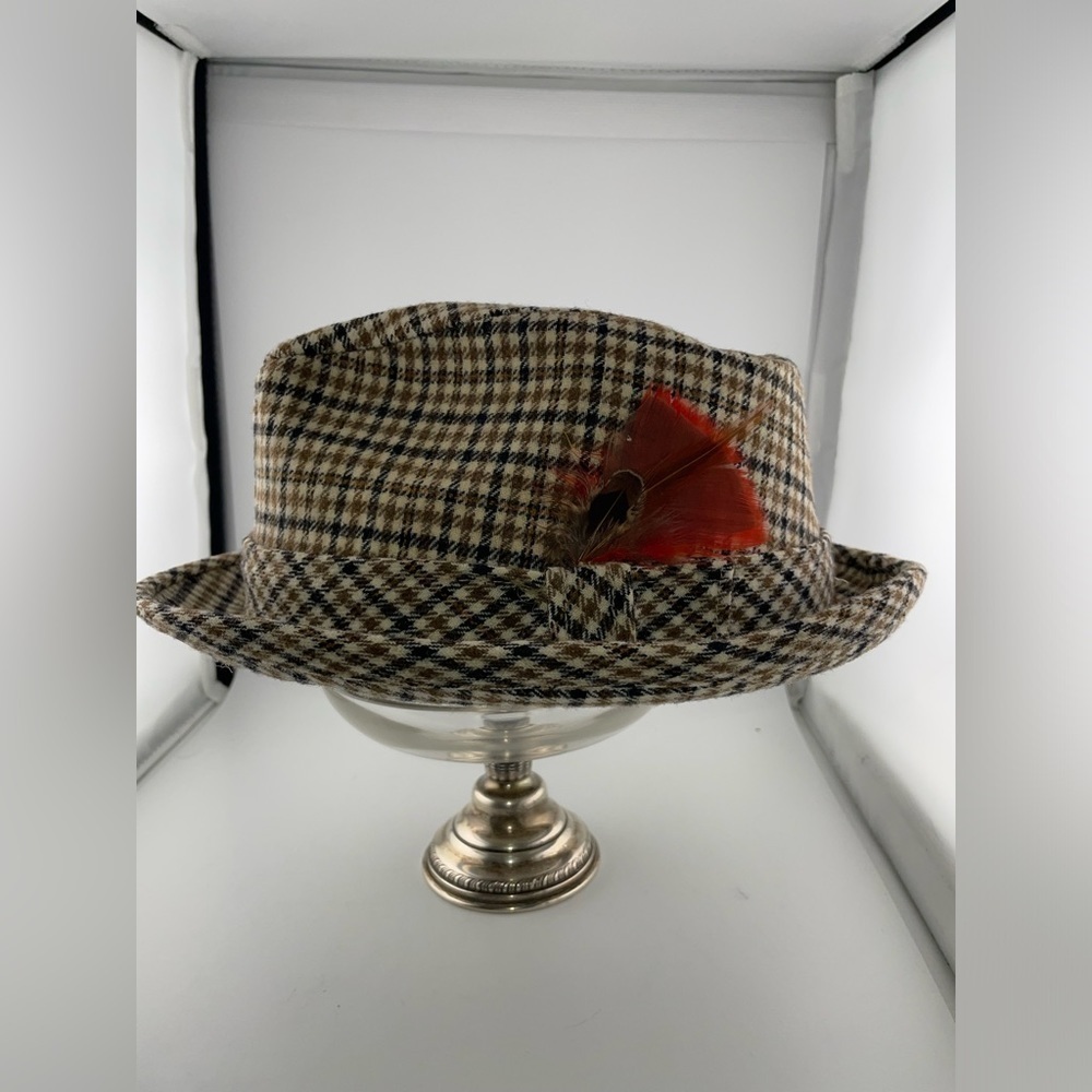 Pendleton Men's Size 7 1/4 Fedora Hat Cap houndstooth Pure Virgin Wool Feather   - Picture 3 of 8
